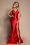 Portia and Scarlett XO088 red satin prom gown with sequin embellished bodice and high slit