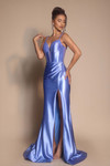 Portia and Scarlett XO088 periwinkle fitted satin gown with sequin corset bodice and thigh slit