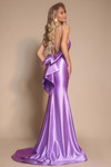 Portia and Scarlett XO095 lavender satin prom gown back view showing statement bow and cascading train