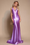 Portia and Scarlett XO095 lavender fitted satin gown with plunging V-neckline and ruched detailing