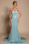Front view of Portia & Scarlett XO097 in mint showing the strapless bodice and shimmering fit-and-flare skirt.
