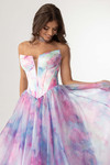 Pink Multi floral ball gown with illusion V-neck bodice and layered organza skirt.
