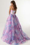 Pink Multi floral gown with structured bodice and voluminous layered skirt.