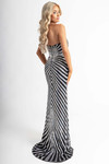 Full-length silver-beaded gown featuring contouring silhouette and sleek tulle design.