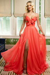 Coral chiffon A-line gown with ruched bodice, bow cutout, and flowing skirt.