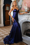 Cobalt metallic gown with ruched bodice and flared A-line skirt.