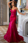 Hot pink metallic gown with ruched bodice and flared A-line silhouette.