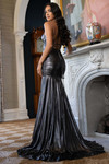 Gunmetal metallic gown featuring neckline and lace-up back.