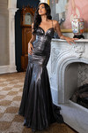 Gunmetal metallic A-line gown with ruched bodice and structured flare.
