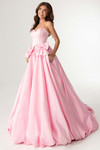 Pink matte satin ballgown with sweetheart neckline and voluminous skirt.