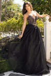 Black cheetah-print ballgown featuring a beaded bodice, plunging neckline, and full layered skirt.