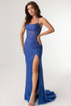 Royal stretch net gown with square neckline and sculpted crystal bodice detailing.