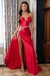 Red strapless satin gown with angled crystal-beaded bodice, shown outdoors near white architectural columns.