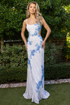 White multi gown photographed from the front, highlighting the open back and colorful floral sequin pattern.