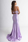 Lilac gown shown from the back, highlighting the cutout design and shimmering beadwork.