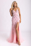 Pink strapless fitted gown with scattered beading and slit skirt on a white background.