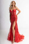 Red satin jersey gown with thigh-high slit and glitter applique bodice shown from the front in studio.