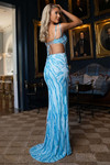 Powder-blue pearl-beaded cutout gown with sculpted bust and slit skirt, shown indoors.