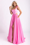 Rachel Allan 70980 Pink — fitted satin bodice with bow shoulders above chiffon skirt, high slit highlighting leg line.