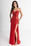 Rachel Allan 70964 Red — studio front view showing strapless neckline, mirror-beaded pattern, and thigh-high slit.