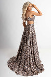 Rachel Allan 70963 Cheetah — studio side/back view highlighting lace-up back and sweep train in cheetah print satin.