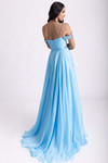 Rachel Allan 70951 Sky Blue — studio back view displaying off-shoulder straps and sweep train.