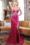 Rachel Allan 70941 Fuchsia — indoor full-length front with cutout bodice and sleek sheath silhouette.