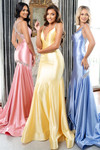 Rachel Allan 70932 group — three models in Cloud Blue, Yellow, and Rose Pink fit-and-flare gowns with crystal straps.