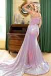 Rachel Allan 70930 Pink Iridescent — side view showing flowing A-line skirt and iridescent shimmer.