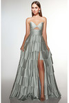 Celadon green ruffled A-line prom dress with cat-eye neckline and thigh slit