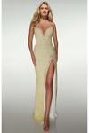Light yellow fully beaded sheath gown with thigh-high slit