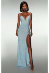 Powder blue fully beaded sheath dress with plunging neckline