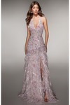Front view of the pink floral sheath gown highlighting the dimensional appliques and slit.