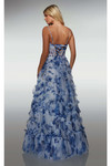 Back view of the blue-print gown with lace-up back and layered ruffle tulle.