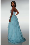 Side/back angle of the glacier blue version displaying the layered chiffon skirt and floral bodice detailing.