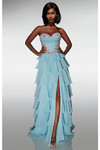 Front view of the glacier blue gown highlighting the sweetheart neckline and tiered ruffle skirt with slit.