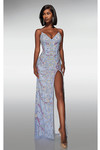 Front view of the blue iris version featuring the beaded V-neck bodice and high slit.