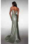 Back view of the celadon gown showing the lace-up corset and ruched satin skirt.