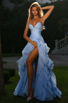 Light periwinkle crinkle organza A-line dress with V-neckline and ruffles