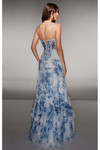 Back view of blue floral dress showing lace-up corset back