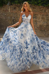 Blue and white floral print tulle A-line dress with V-neckline