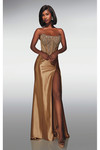 Gold fitted prom dress featuring a beaded strapless corset and sleek high-slit satin skirt.