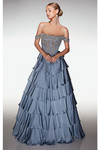French blue ruffled A-line dress with off-shoulder beaded corset bodice