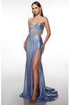 Strapless periwinkle fitted gown with sweetheart neckline, fully linear beading, structured corset bodice, and a thigh-high slit in stretch satin.