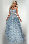 Blue/white rose printed tulle A-line prom dress with sweetheart neckline, corset bodice, and tiered ruffle skirt.