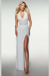 Diamond white fringe-beaded halter prom dress with plunging neckline, corset bodice, and thigh-high slit.