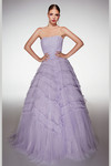 Lilac glitter tulle ball gown with strapless scoop pearl-beaded corset bodice and ruffled skirt.