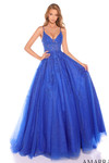 Model wearing the royal blue sparkly A-line prom dress.