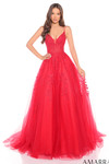 Model wearing the red version of the sparkly lace A-line prom dress.