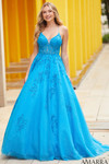 Model wearing a bright light blue A-line prom dress with a lace corset bodice and double spaghetti straps.